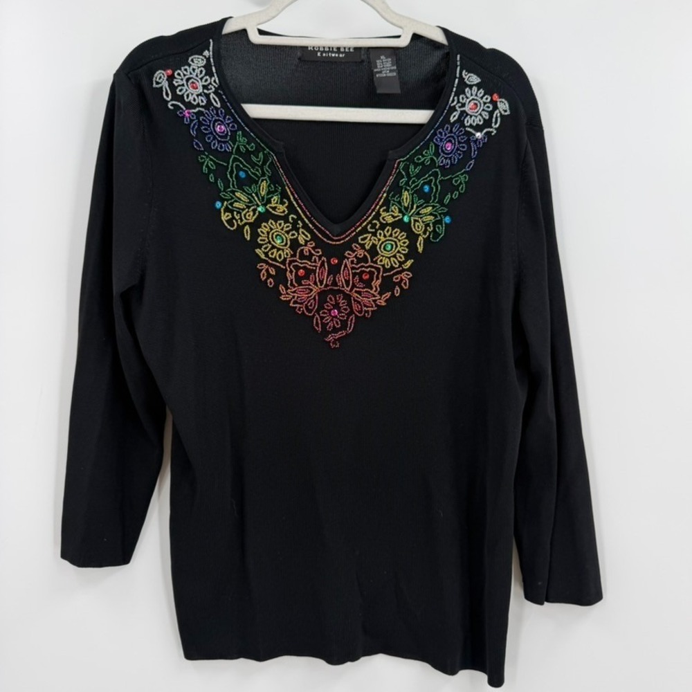VTG Robbie Bee Women Sweater XL Black Beaded‎ Floral Sequin Party Knit